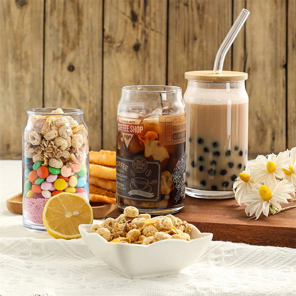 Transparent Glass Cup With Lid and Straw