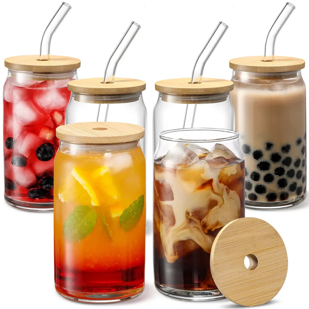 Transparent Glass Cup With Lid and Straw