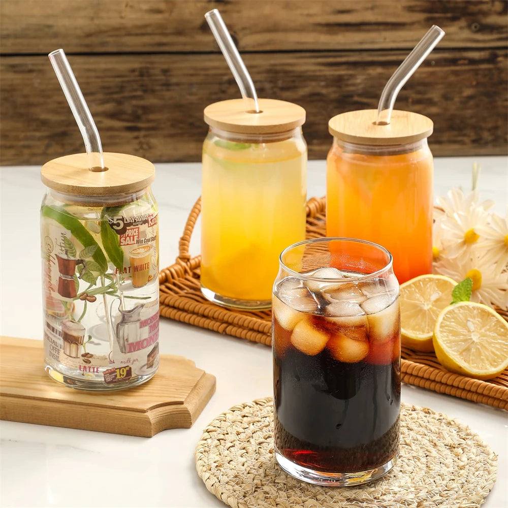 Transparent Glass Cup With Lid and Straw