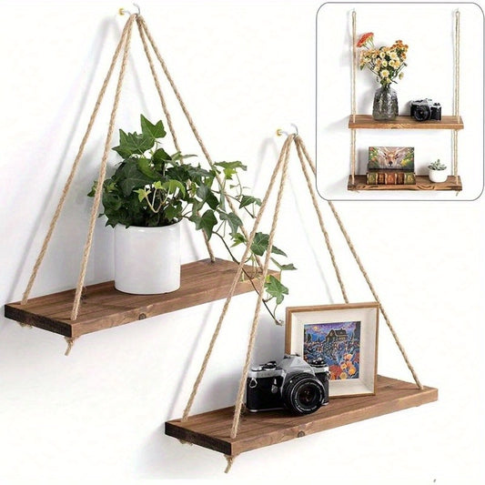 Chic Wooden Floating Shelf With Adjustable Hemp Rope