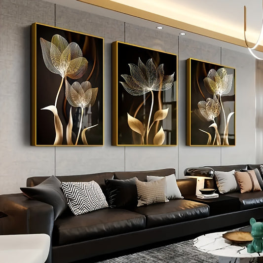 3-piece Golden Flower Canvas Art